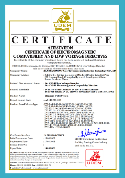 Chiny Hunan Zoomac Water Environmental Protection Technology Co., Ltd. Certyfikaty